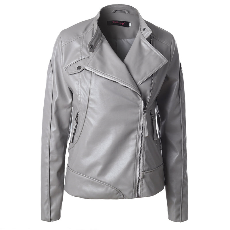 Cute Leather Jacket Solid Color Stand Collar Side Zipper PU Leather Jacket Motorcycle Jacket Jacket Top