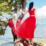 Summer Wine Red Lace Large Swing Skirt Bohemia Retro Vintage Cottagecore Aesthetic Flowy Victoria Cottage Core Boho Dress