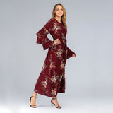 Muslim Women Stylish Kashibo Abaya Muslim Ladies Long Gown Islamic Clothing Jilbab Jalabiya Plus Size Fashion Loose Petal Sleeve Round Neck Printed Dress