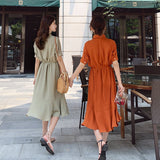 Burnt Orange Dress Coral Orange Lapel Single Breasted Waist-Controlled Lace-up Shirt Fishtail Dress