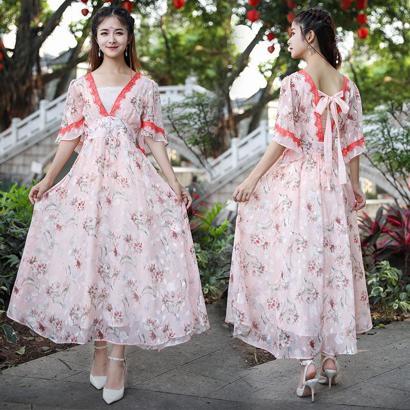 Printed Chiffon Lace Dress Waist-Tight  Bohemia Retro Vintage Cottagecore Aesthetic Flowy Victoria Cottage Core Boho Dress