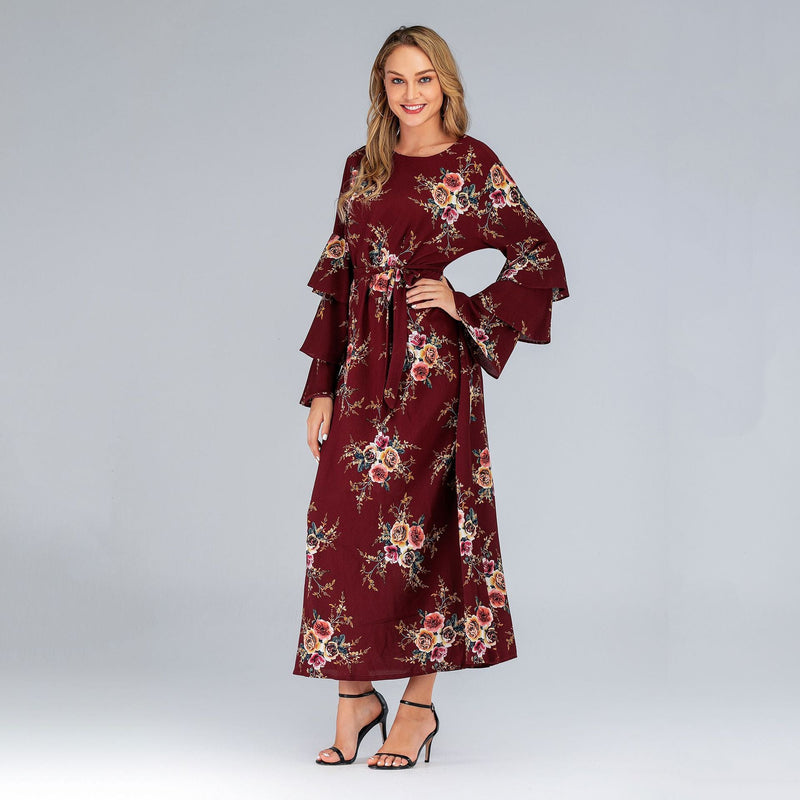 Muslim Women Stylish Kashibo Abaya Muslim Ladies Long Gown Islamic Clothing Jilbab Jalabiya Plus Size Fashion Loose Petal Sleeve Round Neck Printed Dress