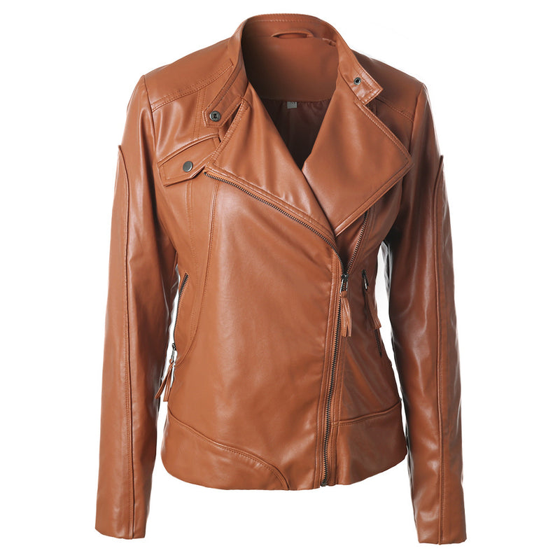 Cute Leather Jacket Solid Color Stand Collar Side Zipper PU Leather Jacket Motorcycle Jacket Jacket Top