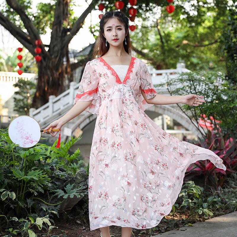 Printed Chiffon Lace Dress Waist-Tight  Bohemia Retro Vintage Cottagecore Aesthetic Flowy Victoria Cottage Core Boho Dress