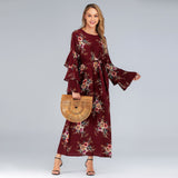 Muslim Women Stylish Kashibo Abaya Muslim Ladies Long Gown Islamic Clothing Jilbab Jalabiya Plus Size Fashion Loose Petal Sleeve Round Neck Printed Dress