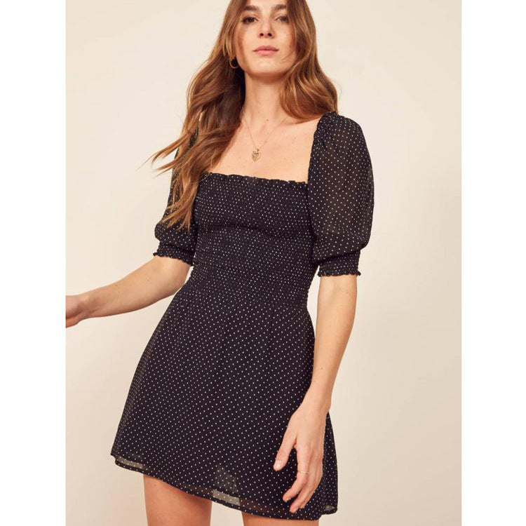 Milkmaid Dress Chiffon Polka Dots Summer Black Retro Square Collar Short Sleeve Mini Dresses
