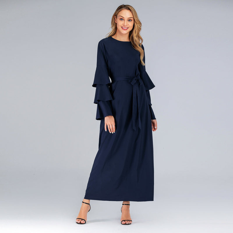 Muslim Women Stylish Kashibo Abaya Muslim Ladies Long Gown Islamic Clothing Jilbab Jalabiya Round Neck Loose Lace-up Long Sleeve Dress Women