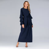 Muslim Women Stylish Kashibo Abaya Muslim Ladies Long Gown Islamic Clothing Jilbab Jalabiya Round Neck Loose Lace-up Long Sleeve Dress Women