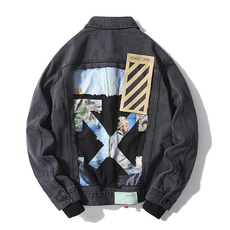 Destroyed Oil Painting Graffiti Arrow Denim False Two-Piece Jackets Coat jacket