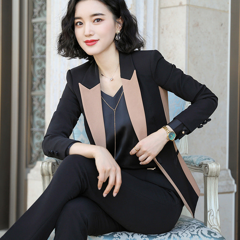 Women Autumn Uniform Designs Formal Style Office Lady Bussiness Attire Work Suit Contrast Color Suit Set