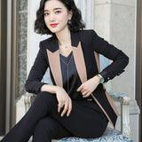 Women Autumn Uniform Designs Formal Style Office Lady Bussiness Attire Work Suit Contrast Color Suit Set