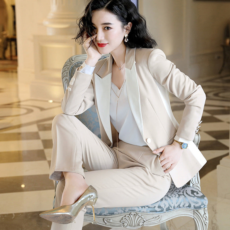 Women Autumn Uniform Designs Formal Style Office Lady Bussiness Attire Work Suit Contrast Color Suit Set