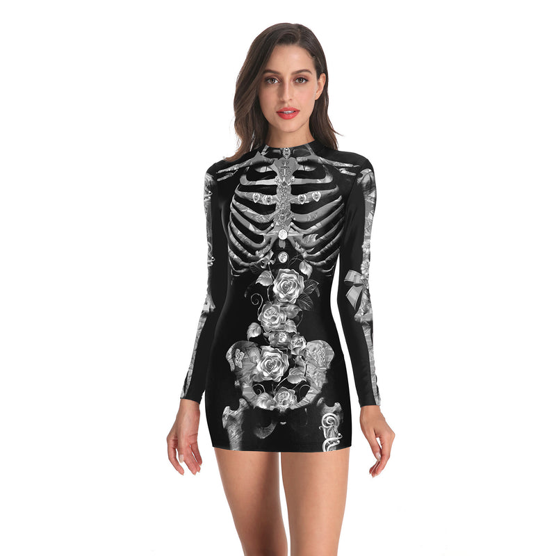 Skull Dress Printed Sheath Slim-Fit Long-Sleeved Dress