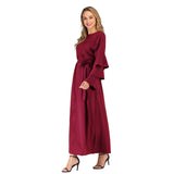Muslim Women Stylish Kashibo Abaya Muslim Ladies Long Gown Islamic Clothing Jilbab Jalabiya Round Neck Loose Lace-up Long Sleeve Dress Women