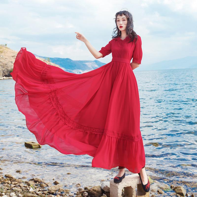 Chiffon Big Swing Hooded Long Dress Holiday Red Dress Bohemia Retro Vintage Cottagecore Aesthetic Flowy Victoria Cottage Core Boho Dress