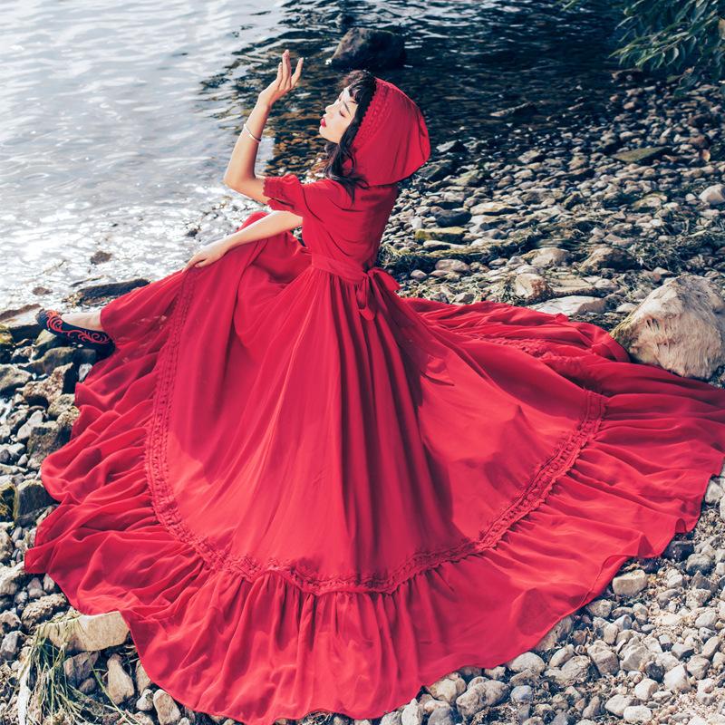 Chiffon Big Swing Hooded Long Dress Holiday Red Dress Bohemia Retro Vintage Cottagecore Aesthetic Flowy Victoria Cottage Core Boho Dress