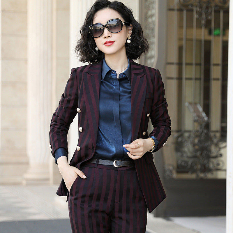 Women Autumn Uniform Designs Formal Style Office Lady Bussiness Attire Work Suit Striped British Style Two-Piece Set