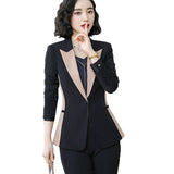 Women Autumn Uniform Designs Formal Style Office Lady Bussiness Attire Work Suit Contrast Color Suit Set