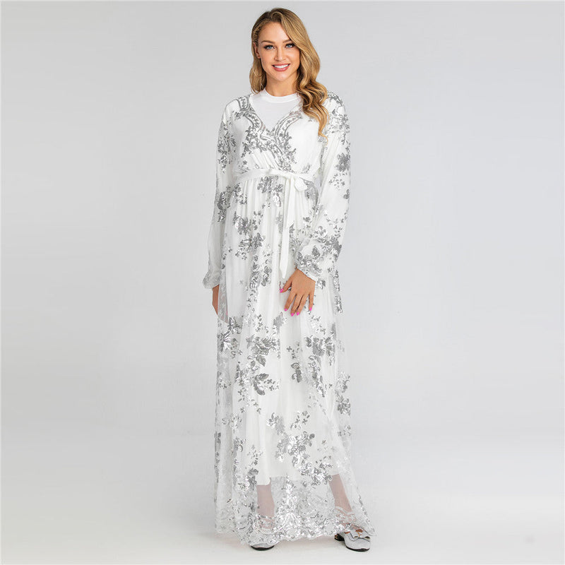 Muslim Women Stylish Kashibo Abaya Muslim Ladies Long Gown Islamic Clothing Jilbab Jalabiya Lace Fashion Long Sleeve Dress