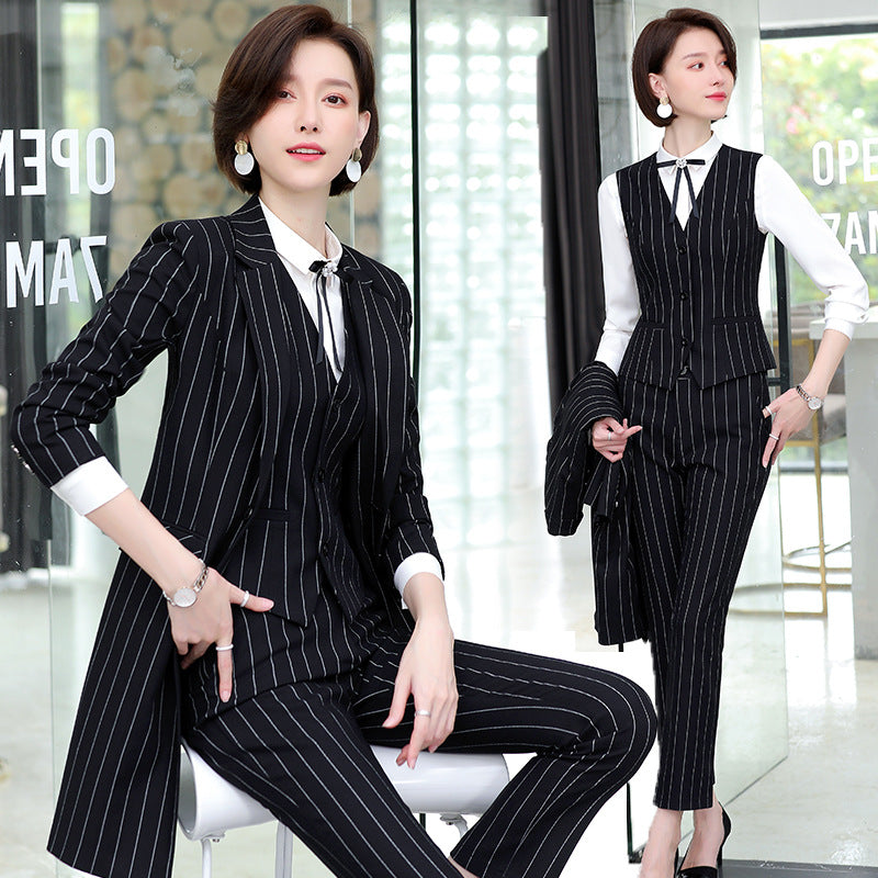 Women Autumn Uniform Designs Formal Style Office Lady Bussiness Attire Work Suit Autumn and Winter Trench Coat Suit Striped OL