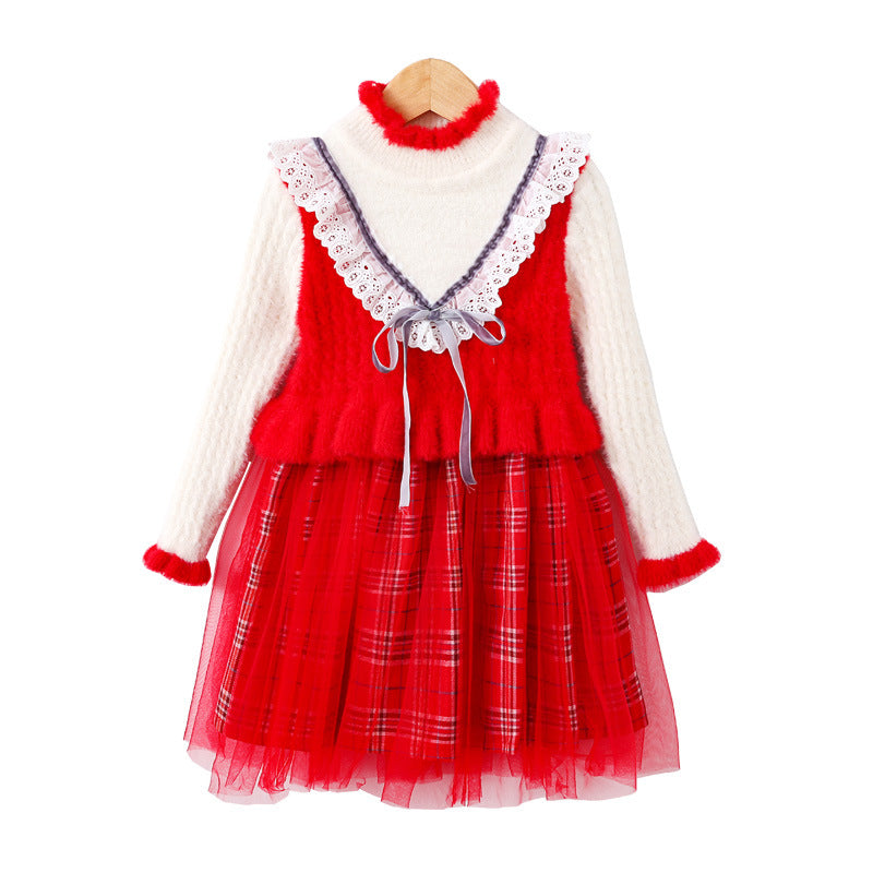 Girl Dress Autumn and Winter Velvet Cute Lace Children Woolen Dress