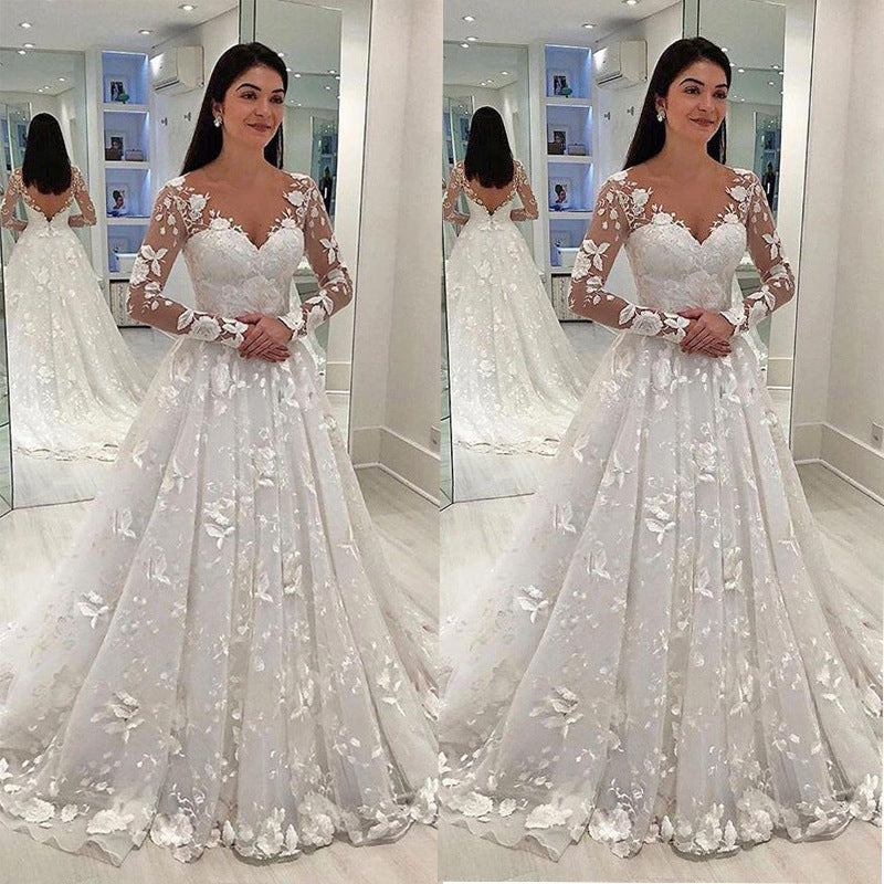 Women Lace Wedding Dress Lace Deep V Long Sleeve Formal Dress