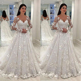 Women Lace Wedding Dress Lace Deep V Long Sleeve Formal Dress
