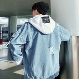 Men Denim Jacket Men's Denim Coat Loose Hooded Spring and Autumn