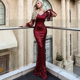 Burgundy Dresses For Wedding Sexy V-Neck Long Sleeve Bodycon Long Dress Elegant Glitter Evening Dress