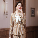 Women Autumn Uniform Designs Formal Style Office Lady Bussiness Attire Work Suit Vertical Stripes Workwear Suit Jacket