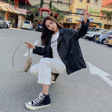 Cute Leather Jacket Black Casual Leather Clothing Women's Mid-Length Baggy Coat