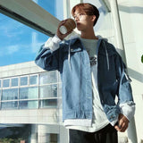 Men Denim Jacket Men's Denim Coat Loose Hooded Spring and Autumn