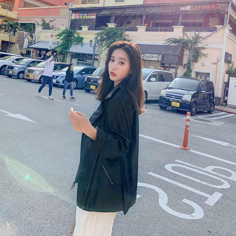 Cute Leather Jacket Black Casual Leather Clothing Women's Mid-Length Baggy Coat