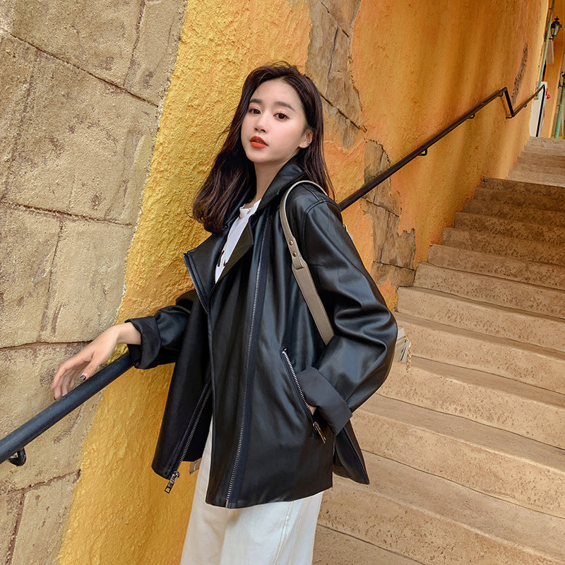 Cute Leather Jacket Black Casual Leather Clothing Women's Mid-Length Baggy Coat