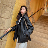 Cute Leather Jacket Black Casual Leather Clothing Women's Mid-Length Baggy Coat