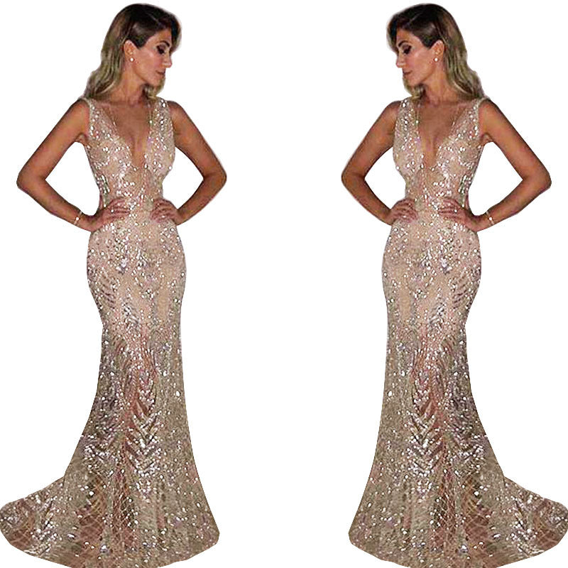 Bohemian Chic Wedding Guest Dress Evening Dress Long Sleeveless Sexy Deep V Sequined Women