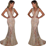Bohemian Chic Wedding Guest Dress Evening Dress Long Sleeveless Sexy Deep V Sequined Women