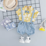 Children Boy Co Ord Short Sleeve Printed Shirt Suspender Shorts 2 Piece Set