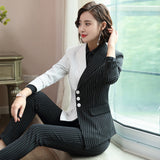 Women Autumn Uniform Designs Formal Style Office Lady Bussiness Attire Work Suit Stripe Stitching Long Sleeve Business Wear