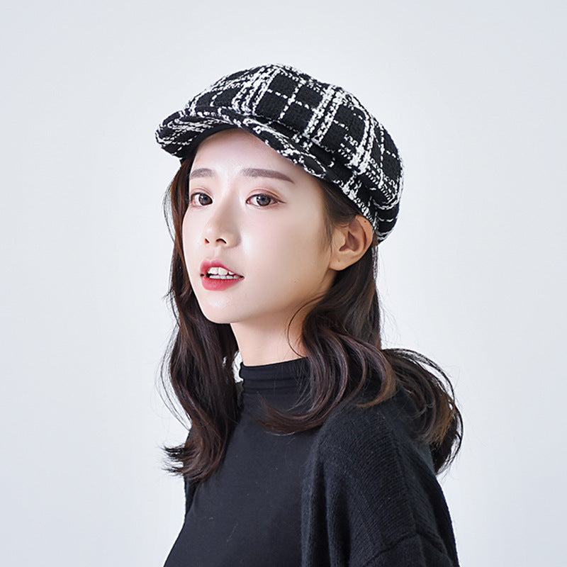Check Beret Hat Winter Retro Octagonal Hat Breathable Plaid