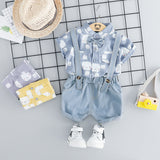 Children Boy Co Ord Short Sleeve Printed Shirt Suspender Shorts 2 Piece Set