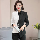 Women Autumn Uniform Designs Formal Style Office Lady Bussiness Attire Work Suit Stripe Stitching Long Sleeve Business Wear