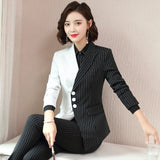 Women Autumn Uniform Designs Formal Style Office Lady Bussiness Attire Work Suit Stripe Stitching Long Sleeve Business Wear
