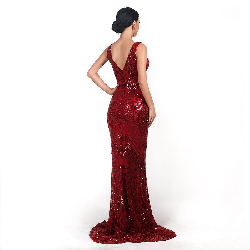 Burgundy Dresses for Wedding Sexy V-neck Sleeveless Sequined Geometric Vintage Backless Elegant Reflective Dress