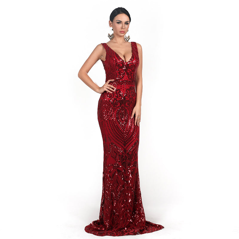 Burgundy Dresses for Wedding Sexy V-neck Sleeveless Sequined Geometric Vintage Backless Elegant Reflective Dress