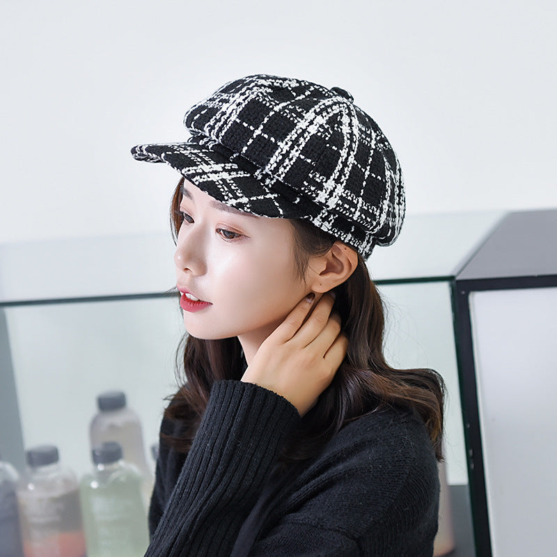 Check Beret Hat Winter Retro Octagonal Hat Breathable Plaid