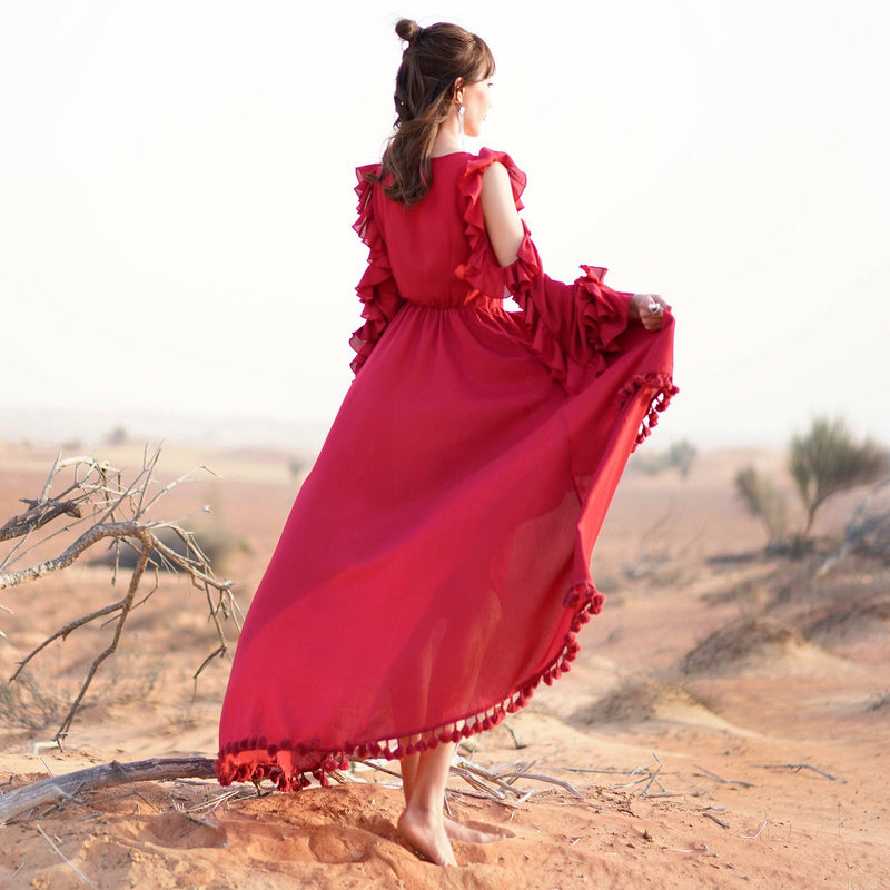 Red Dress Split Holiday Dress Bohemian Retro Dress Bohemia Retro Vintage Cottagecore Aesthetic Flowy Victoria Cottage Core Boho Dress