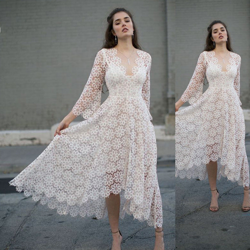 Women Lace Wedding Dress Women's Dress Sexy V-neck Long Sleeve Dress