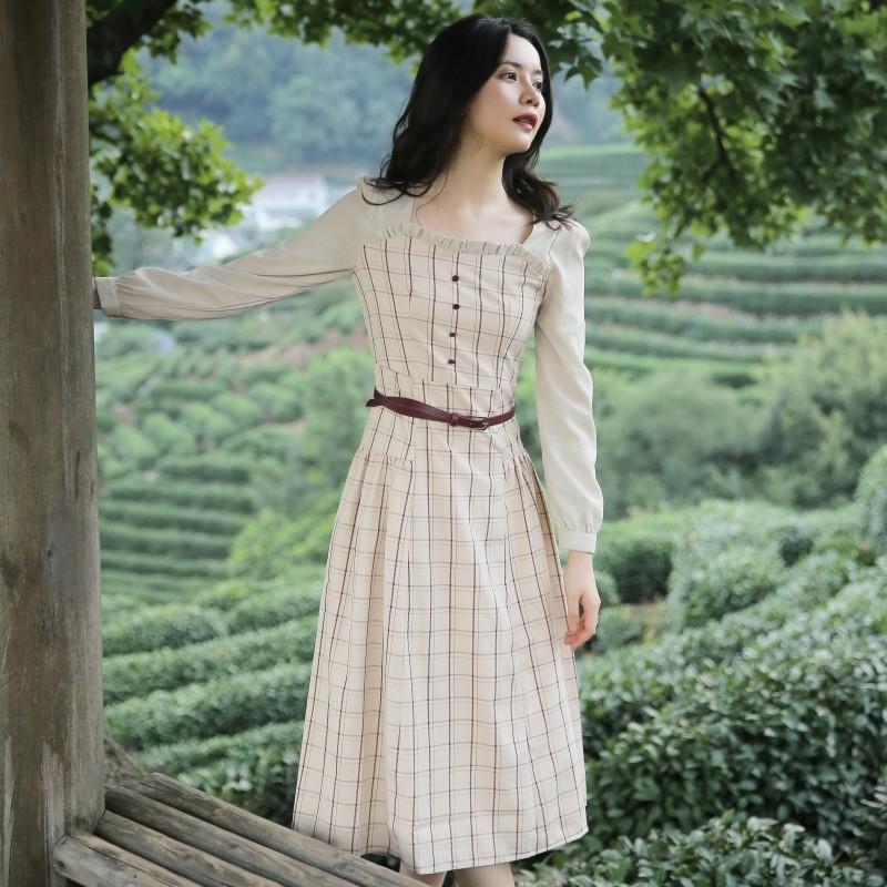 Plaid Dress with Belt Apricot Retro Vintage Cottagecore Aesthetic Flowy Victoria Cottage Core Dress