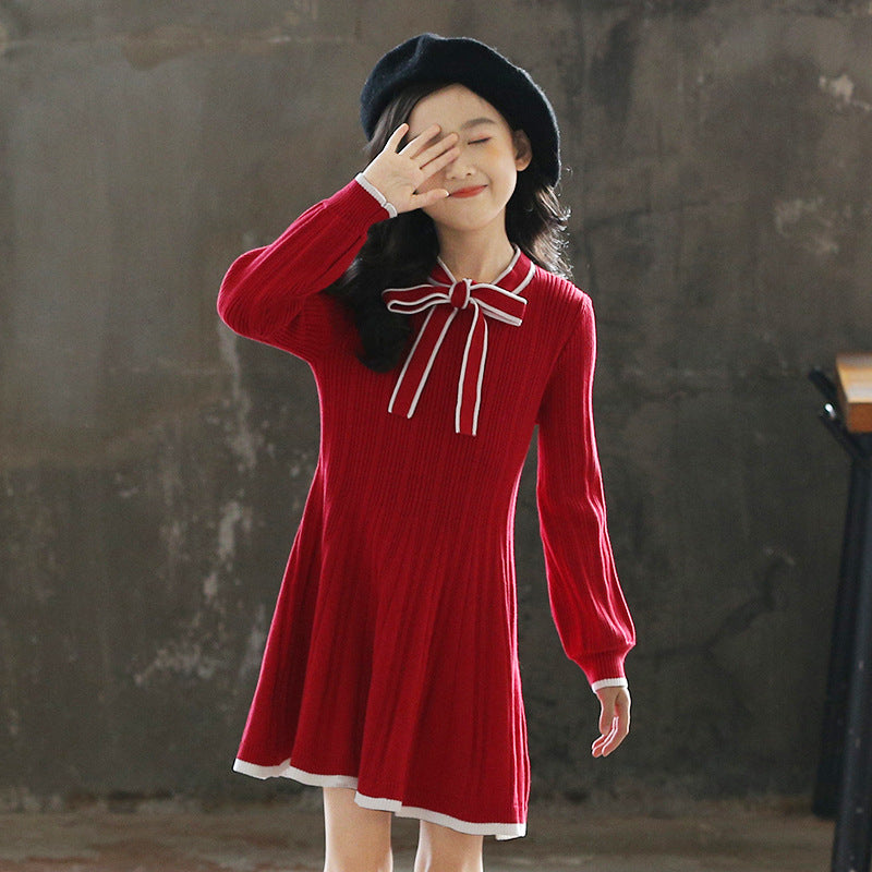 Girls' Dress Long Sleeve Children's Knitted Red Skirt Children Dress